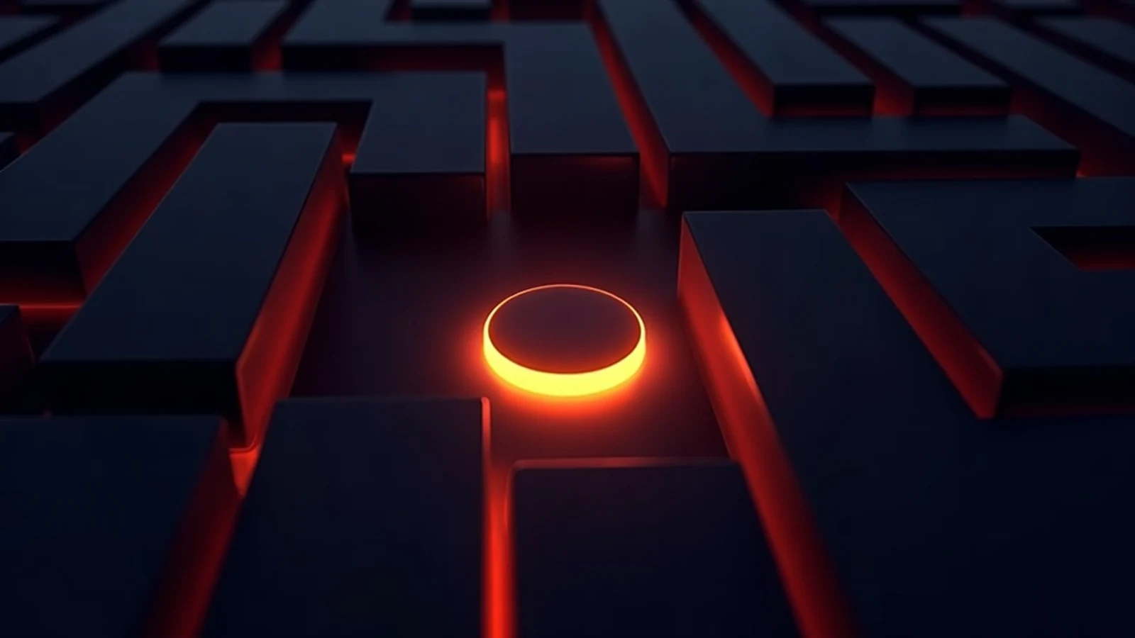 A single glowing button trapped deep inside a dark labyrinth of walls lit from below in red