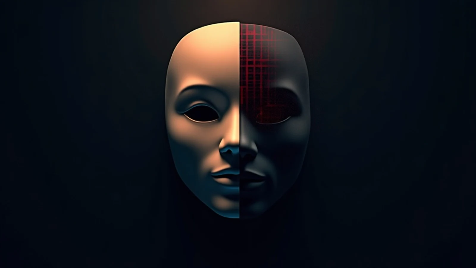 A sculpted mask split down the center, one half warm and lit, the other dark with a faint red grid overlay