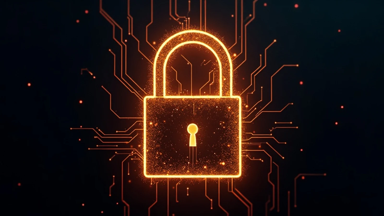 A glowing padlock formed from circuit lines, dissolving into digital static at the edges