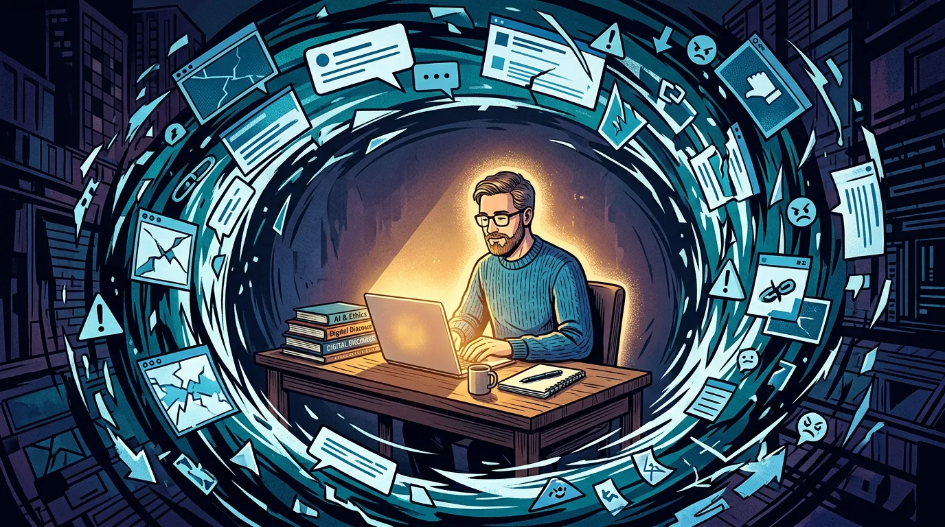 Cartoon illustration of a bearded man in glasses typing at a laptop, inside a whirlpool of comment bubbles, warning signs and angry faces.