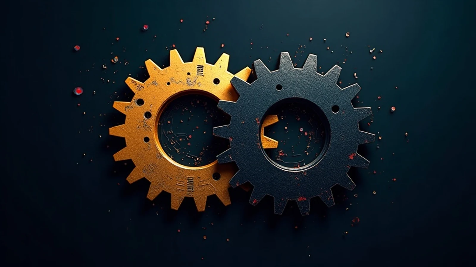 Two interlocking gears, one warm and mechanical, one cold and dissolving into circuitry