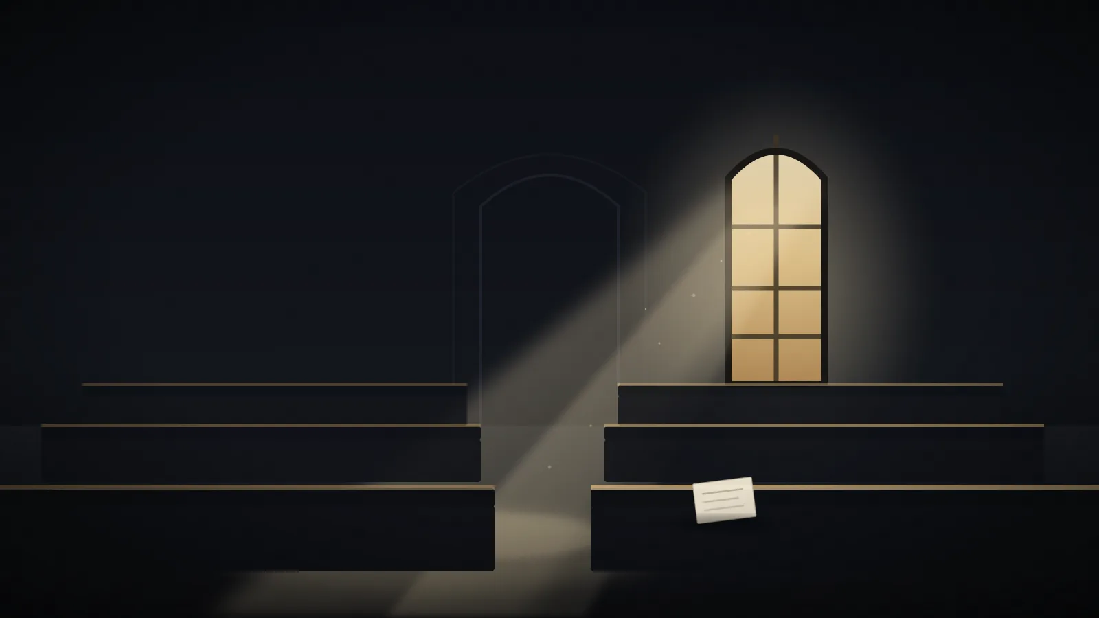 An empty church at night: a tall arched window glows and a shaft of light falls across vacant pews onto a single sheet of paper.