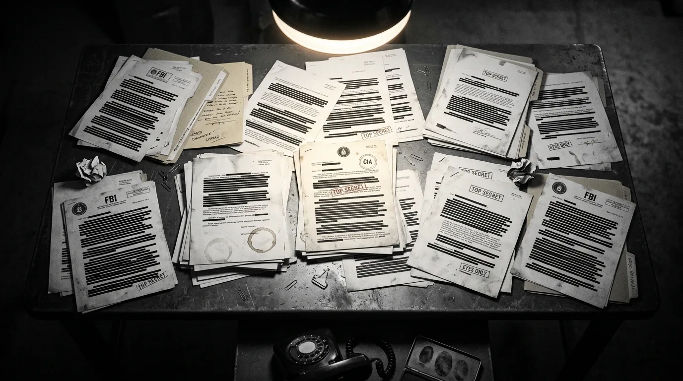 Declassified government documents scattered on a metal table under a harsh lamp. Black redaction bars cover most text. FBI and CIA stamps visible.