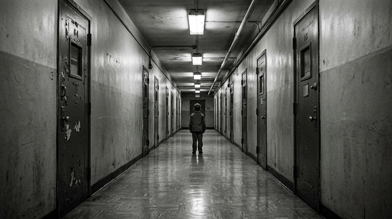 A long institutional corridor in a 1940s reform school. A child's silhouette stands alone at the far end.