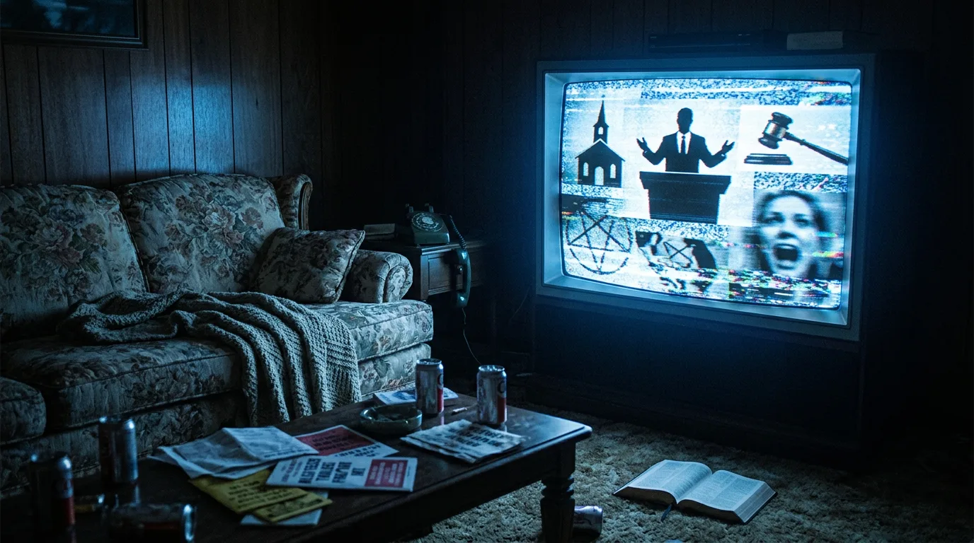 A 1980s living room dominated by a glowing CRT television showing static and distorted preacher silhouettes. VHS tracking lines. Pamphlets scattered on the couch.