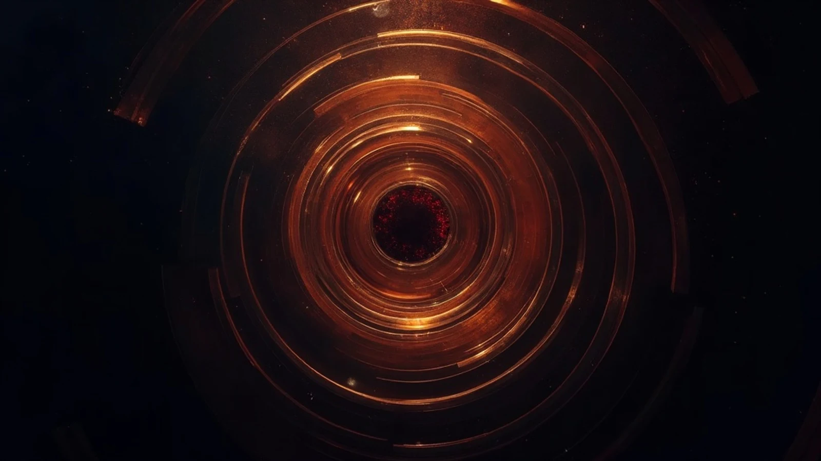 Concentric gold rings spiraling inward, the outer rings sharp, the center dissolving into dark red static