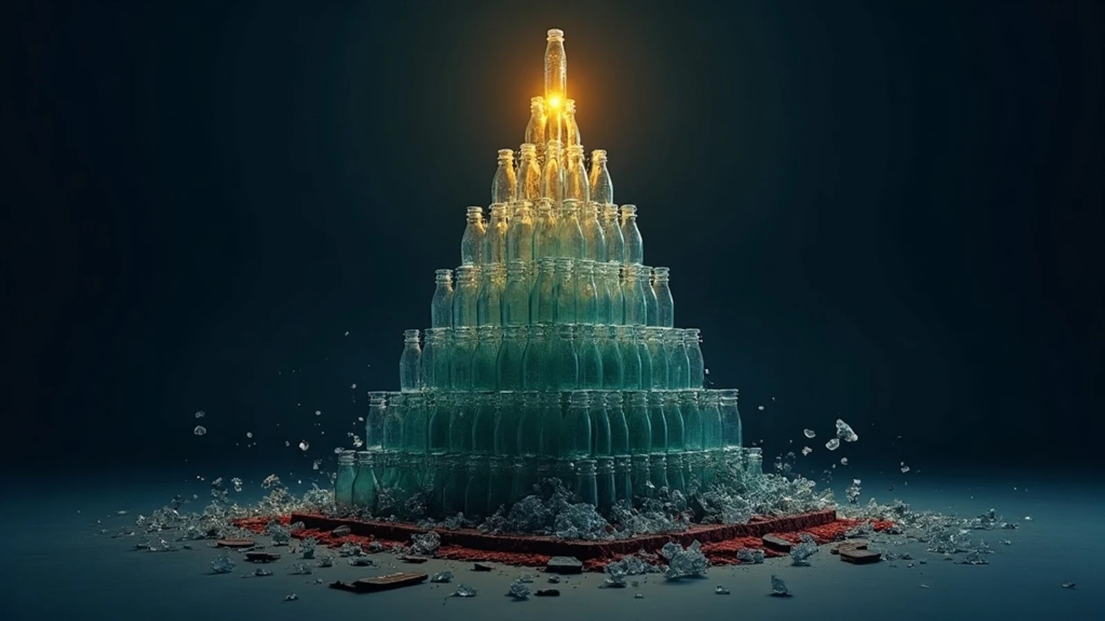 A pyramid built from stacked glass bottles, gold light at the small apex, the base shattering into fragments