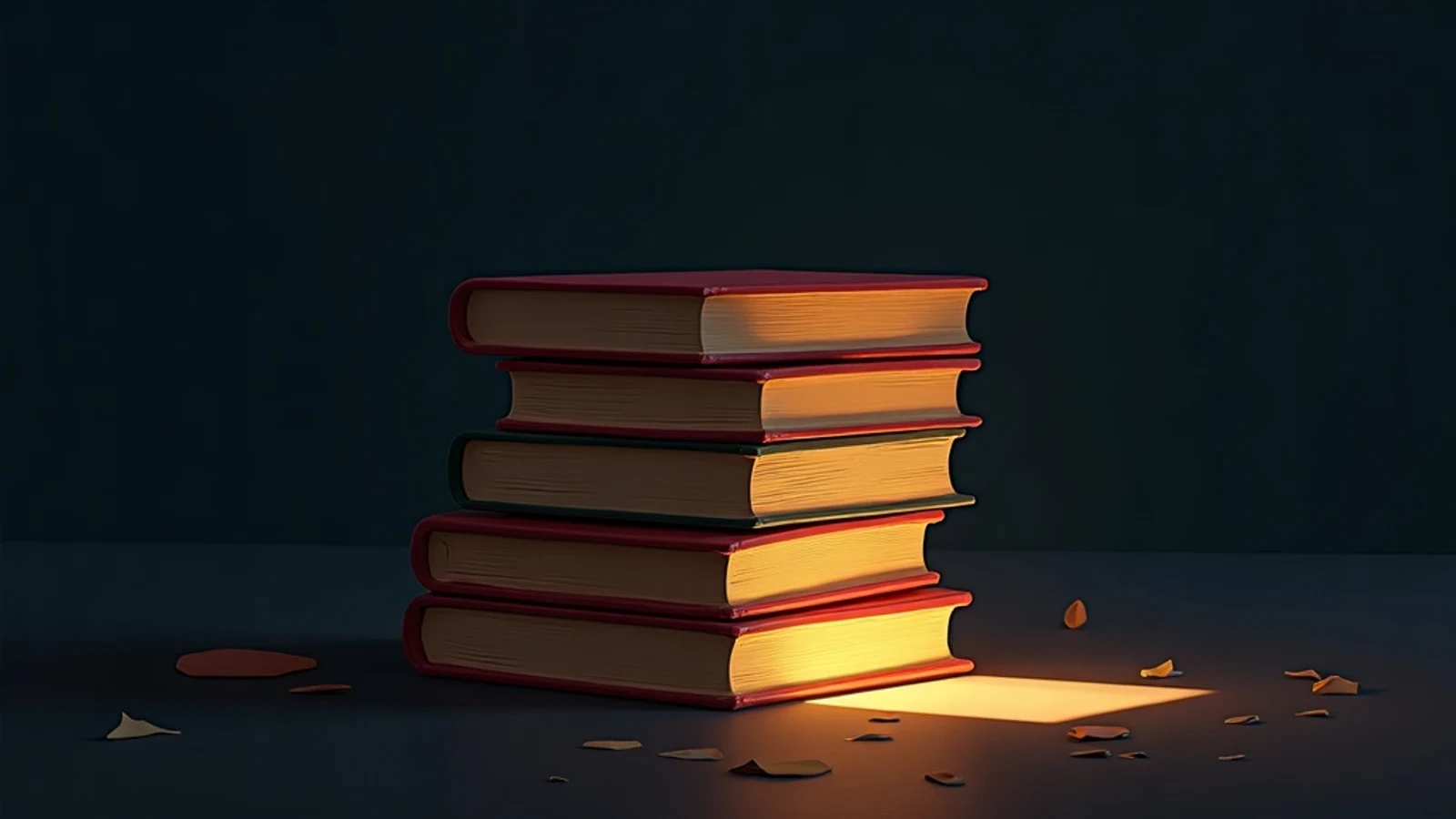 A stack of children's picture books glowing softly, dark angular shadows closing in from every edge