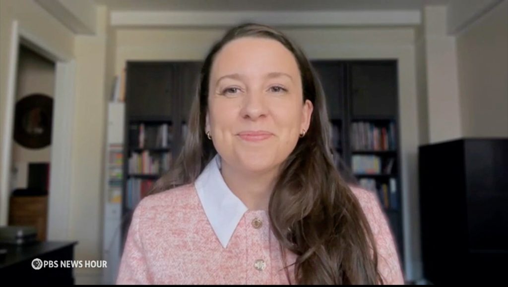 Rachel Accurso speaking by video with PBS NewsHour in August 2025.