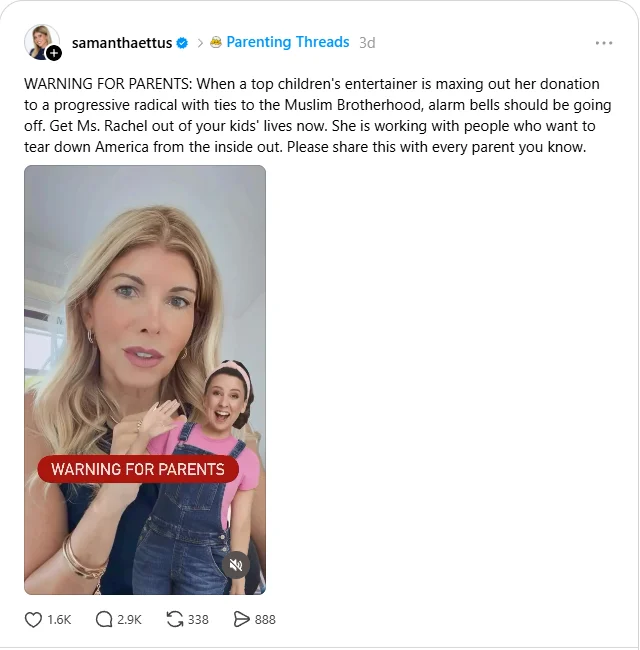 Cropped screenshot of a public Threads post warning parents to remove Ms. Rachel from their children's lives because of her political donation.