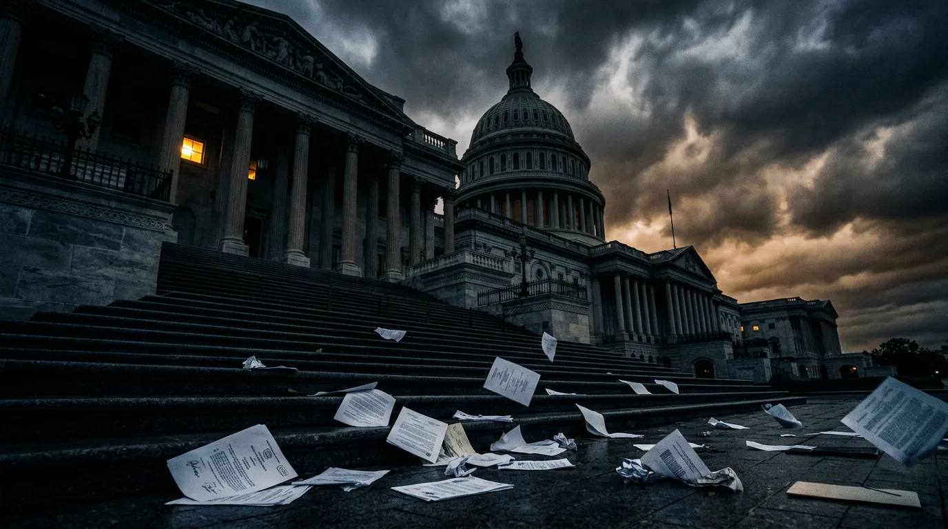 A stormy dusk sky over the Capitol building, with loose pages scattered across the steps.