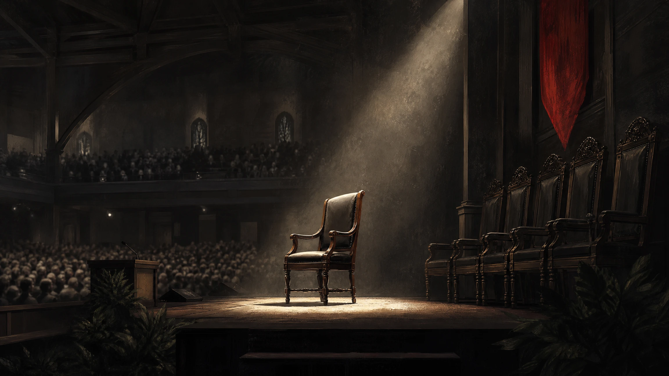An empty pastor's chair on a bare stage, spotlit, facing a row of dark, unoccupied elder's chairs across the front of an otherwise packed sanctuary.