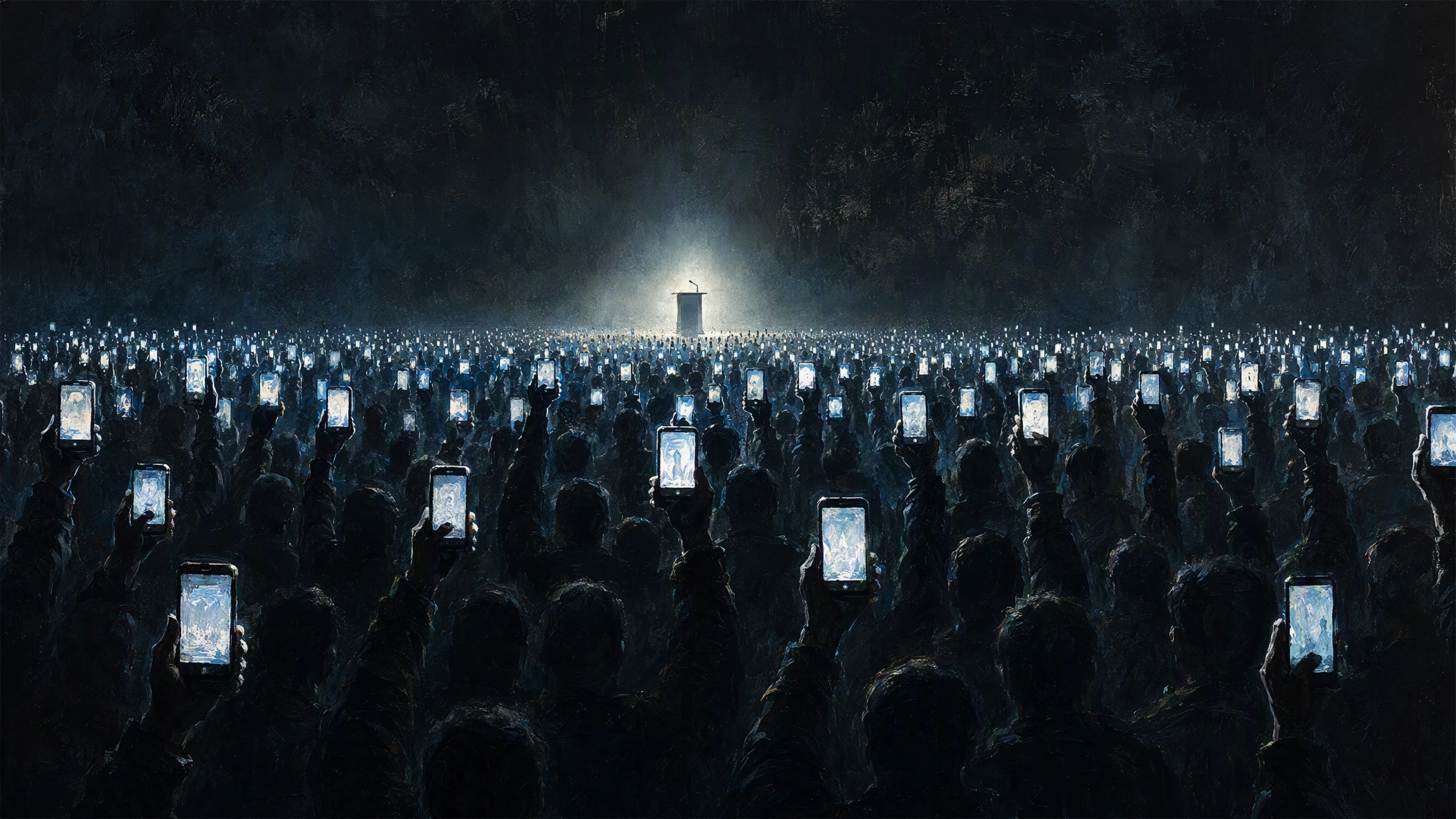 A dark crowd seen from behind, hundreds of raised arms holding glowing phone screens instead of raised hands, facing a small, distant lit podium.