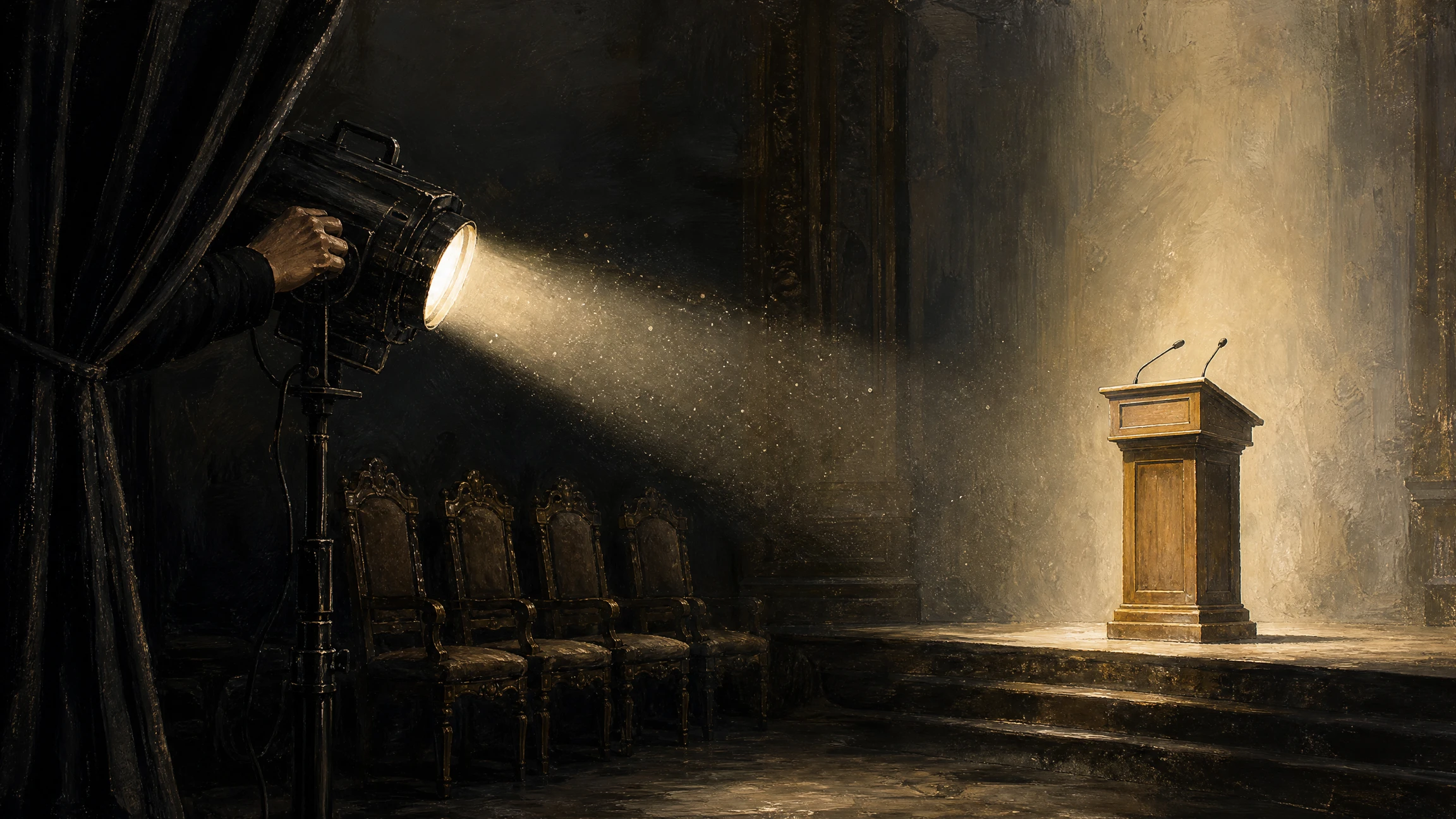 A hand reaches from behind a stage curtain to redirect a spotlight away from a row of empty ornate chairs and toward an empty podium.