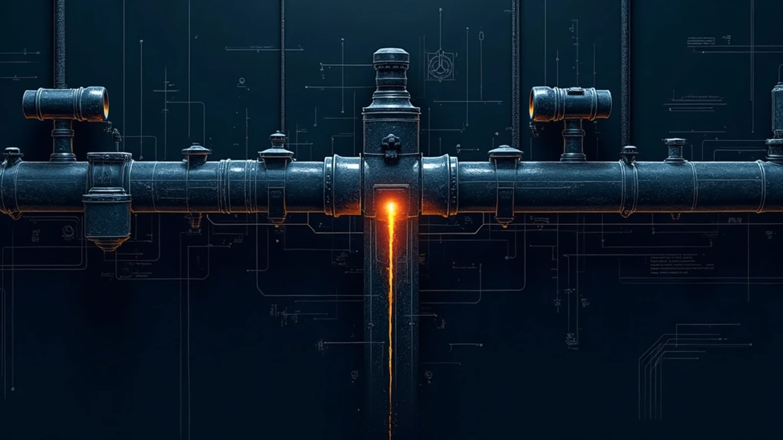 Dark architectural infrastructure lines with a single stream of data leaking through a crack