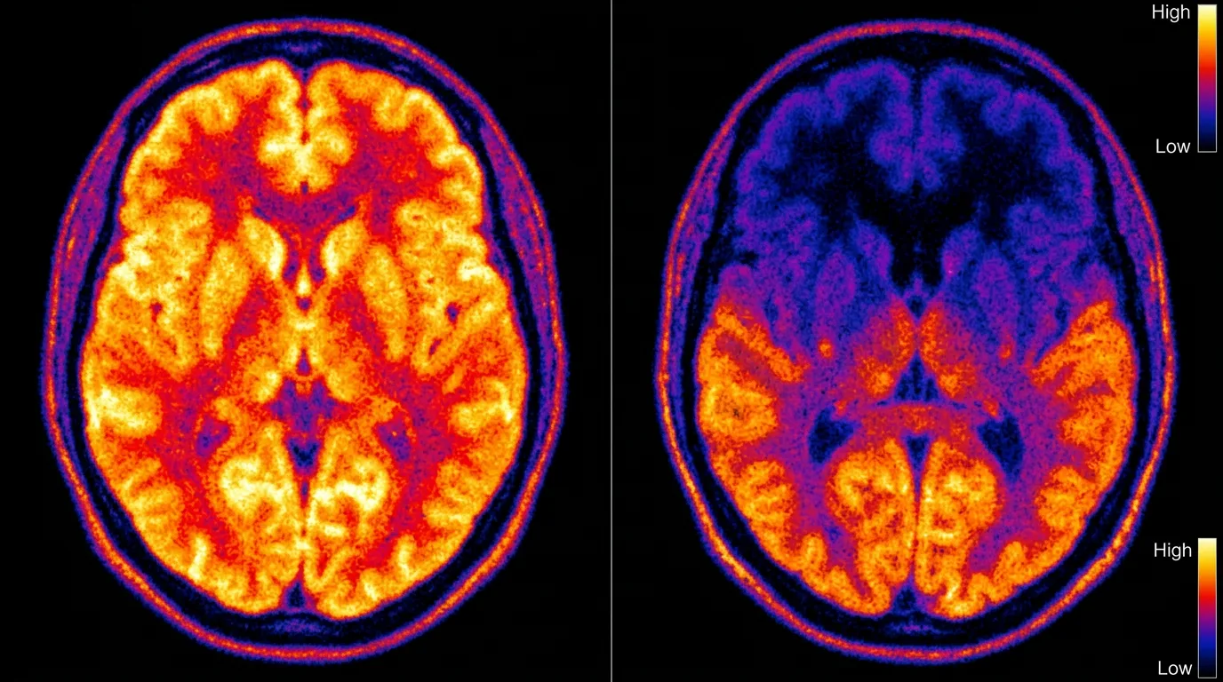 SPECT brain scan comparison: a healthy brain with warm frontal activity beside a dissociative-state brain with the frontal lobes gone dark blue.