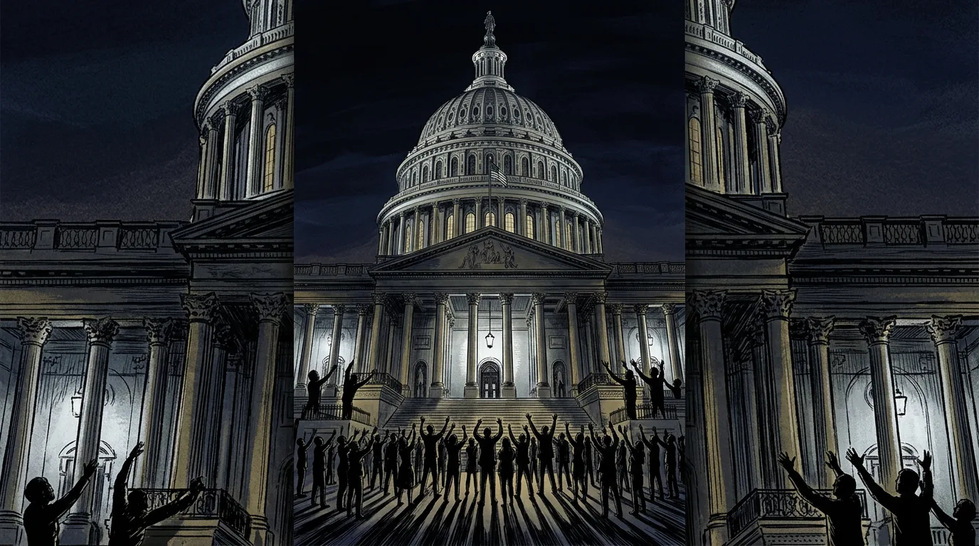 The U.S. Capitol at night from below. Hundreds of small silhouettes with arms raised toward the dome. The building looms like an altar.