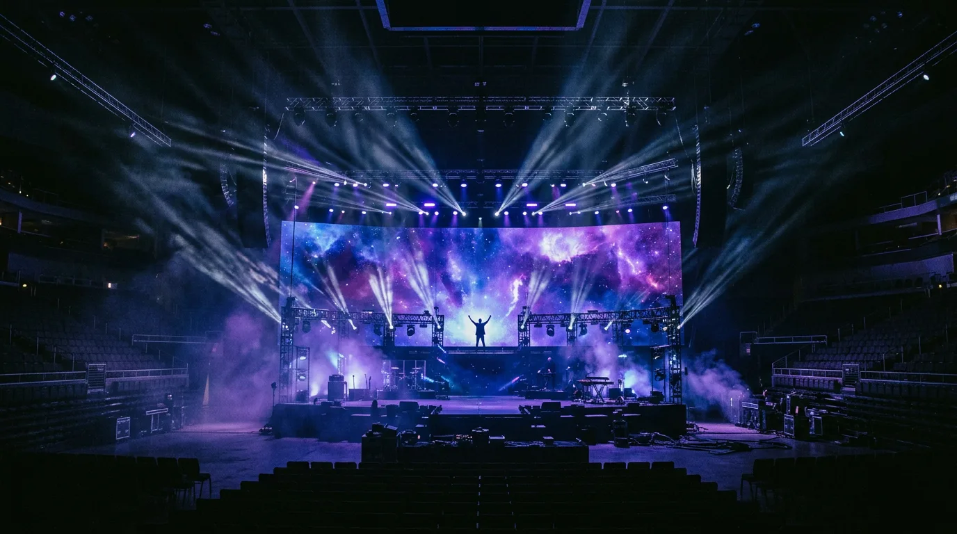 A megachurch worship stage: enormous LED screens, theatrical haze, engineered light beams. No congregation visible. Just the machinery.