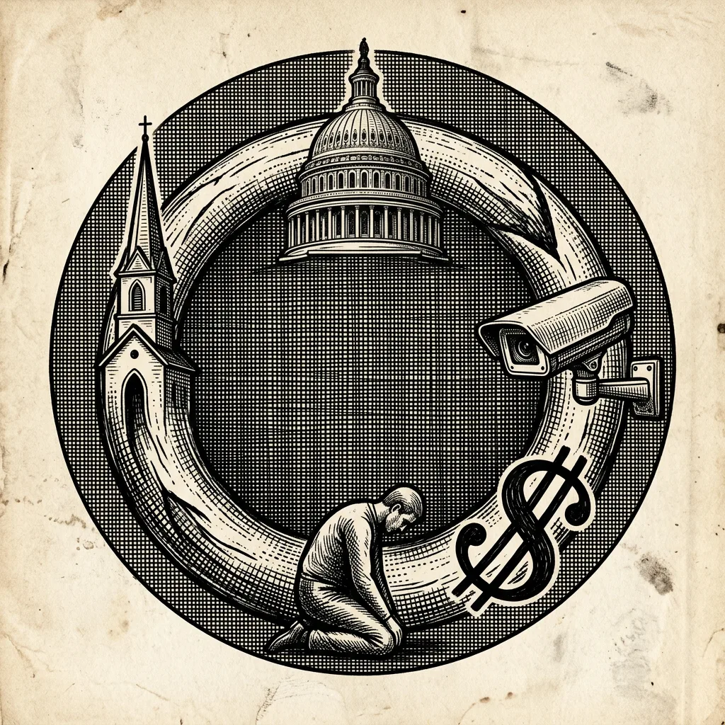 A circular engraving: church steeple flowing into Capitol dome flowing into surveillance camera flowing into dollar sign flowing into a kneeling figure flowing back into the steeple. A self-consuming cycle.