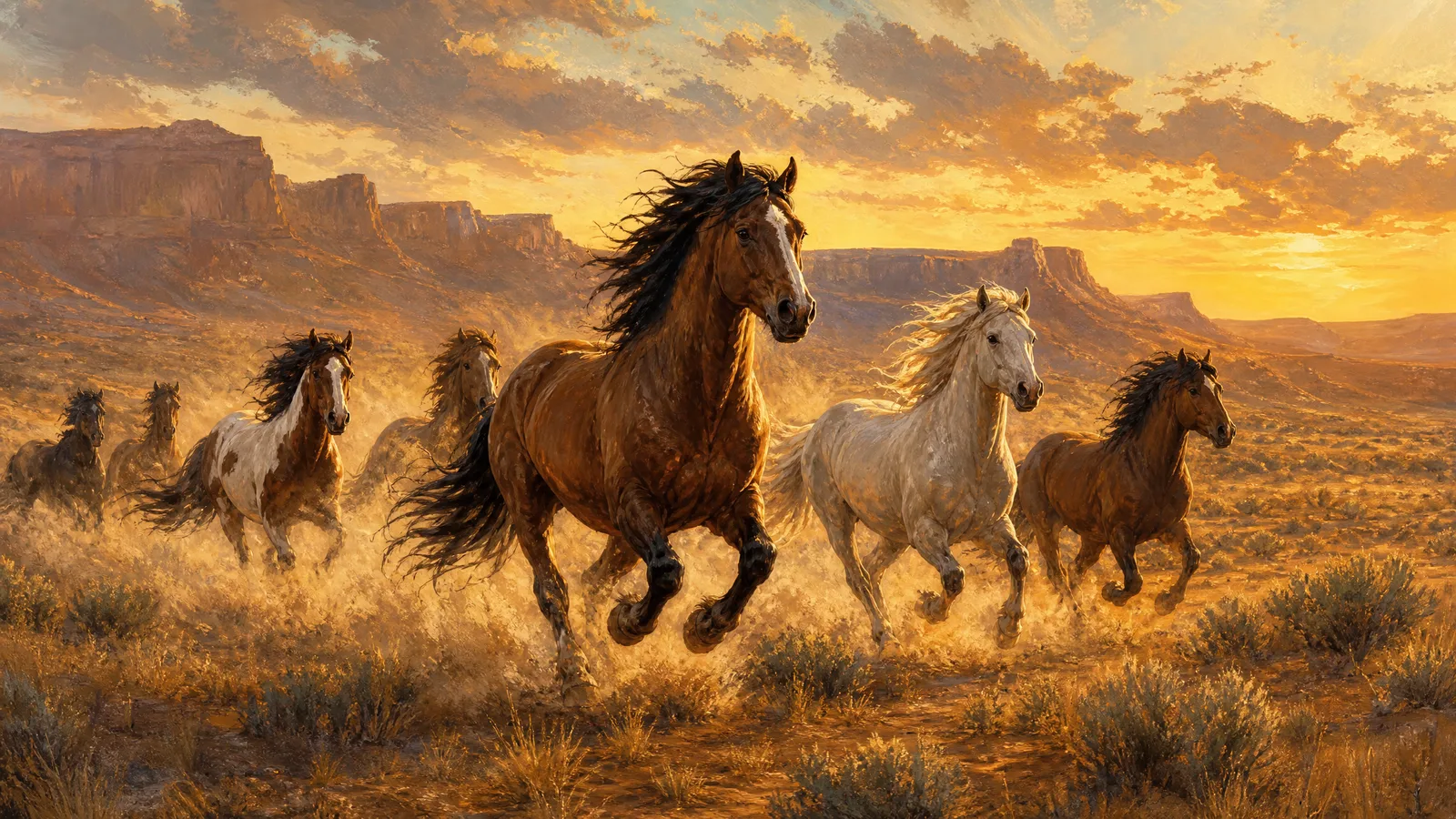 A herd of wild mustangs galloping freely across open Western rangeland at golden hour, dust rising under their hooves.