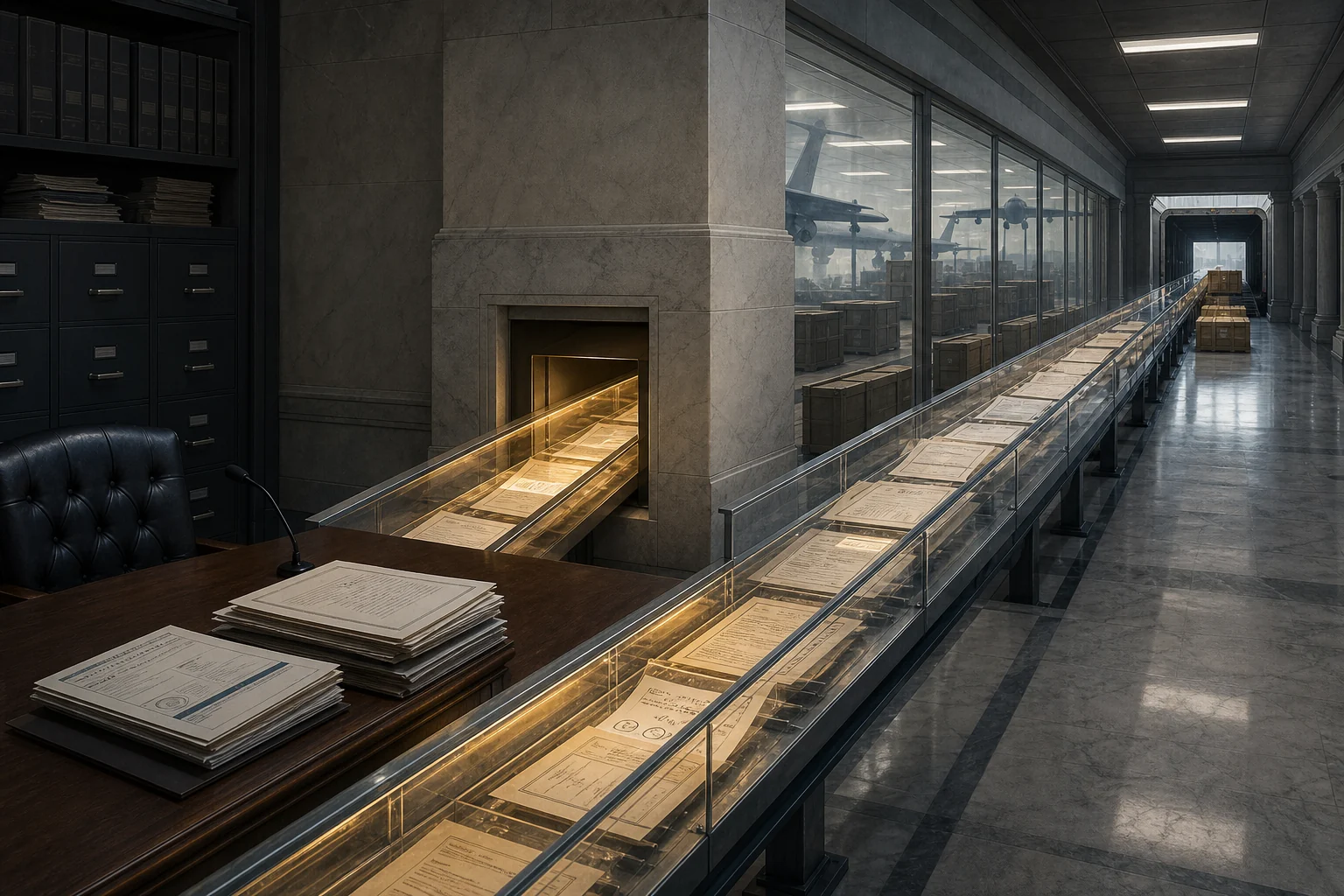 Public financial forms travel through a transparent glass channel from a government desk toward military cargo crates and aircraft in a distant loading bay.