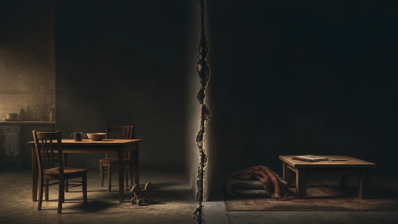 Two empty domestic spaces divided by a fractured concrete wall, with tables, chairs, a child's toy, a notebook, and a folded blanket.