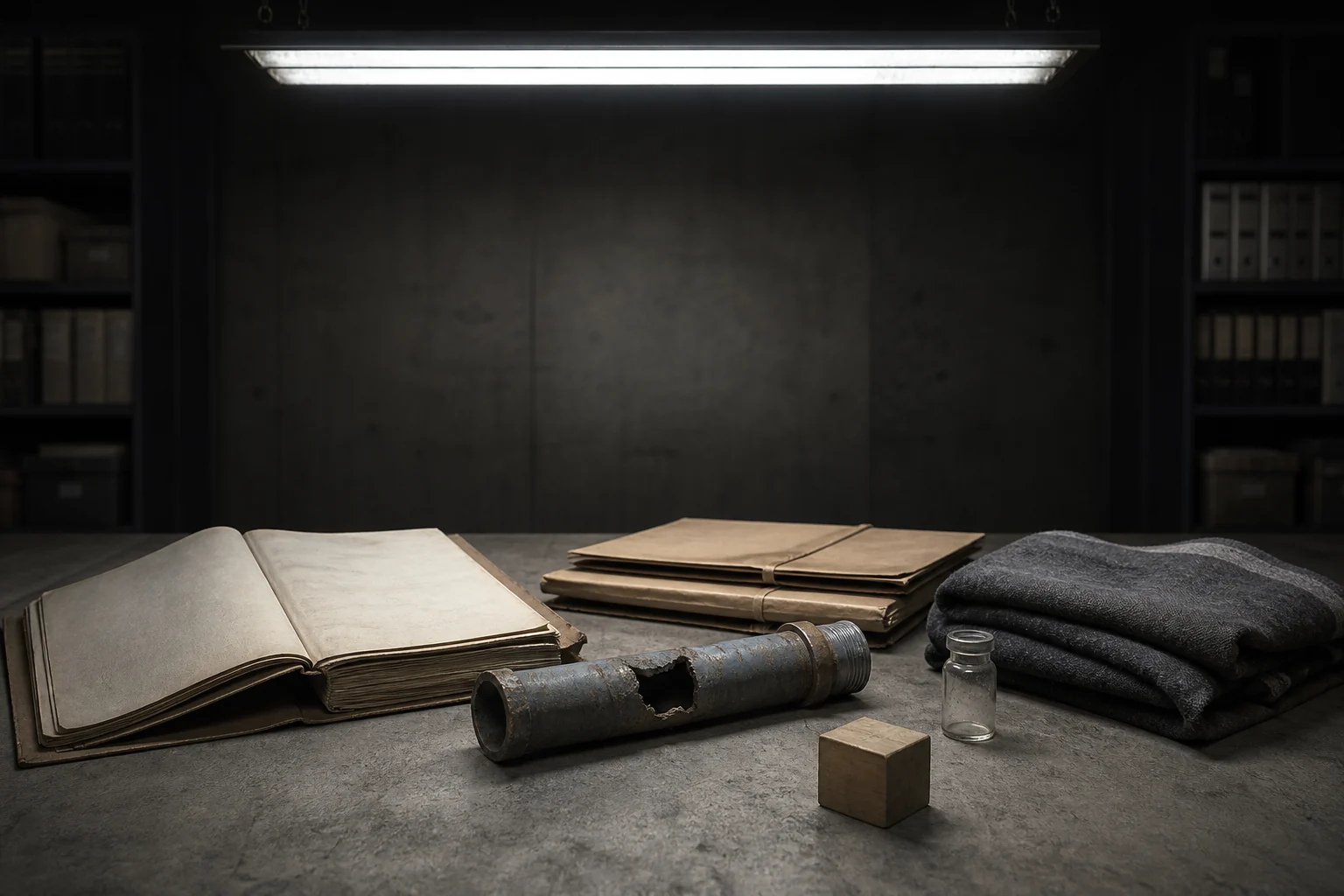 An open case file, sealed folders, a damaged water pipe, an empty medicine vial, folded blankets, and a wooden child's block arranged on an evidence table.