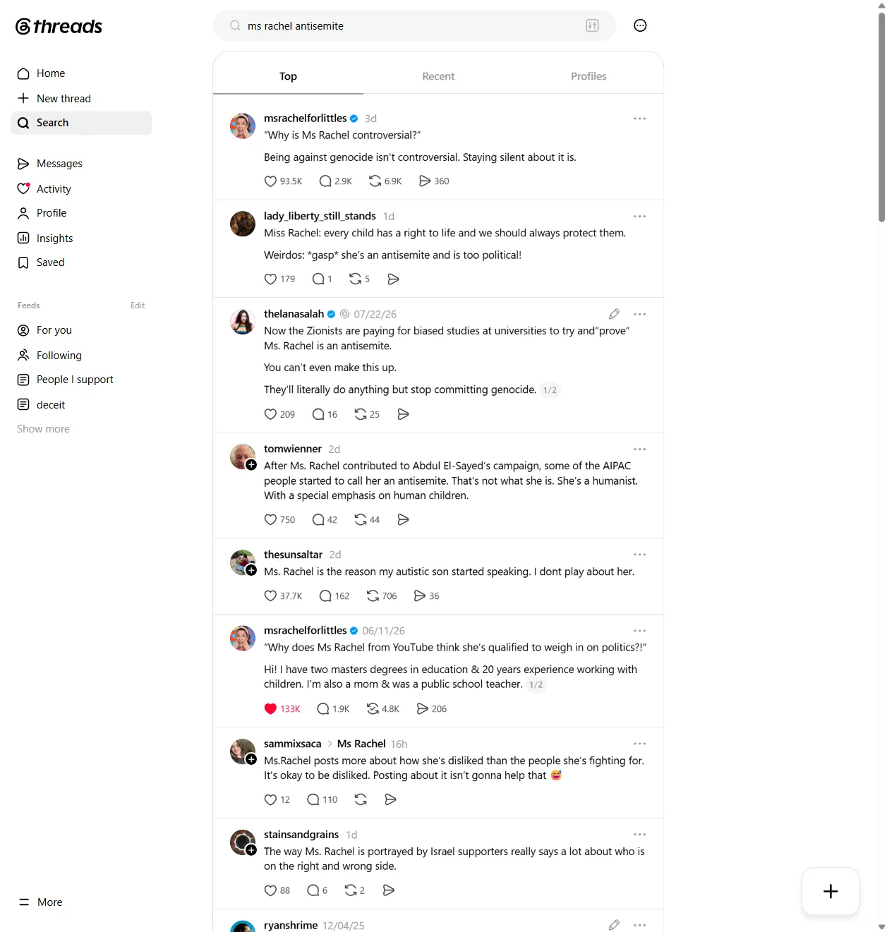 Threads search results for "ms rachel antisemite" showing Ms. Rachel's own post at the top: "Why does Ms Rachel from YouTube think she's qualified to weigh in on politics?! Hi! I have two masters degrees in education & 20 years experience working with children. I'm also a mom & was a public school teacher." 133K likes. Below it: "Ms. Rachel is the reason my autistic son started speaking. I dont play about her." 37.7K likes.