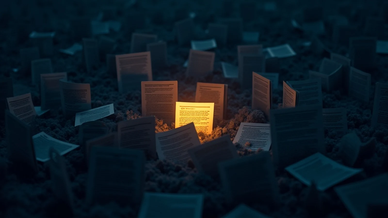 A single lit document being buried beneath an overwhelming flood of identical dark pages