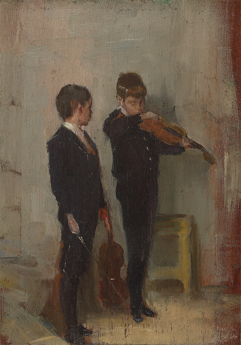 A teacher watches a student play the violin in Tom Roberts's 1889 painting The Violin Lesson.