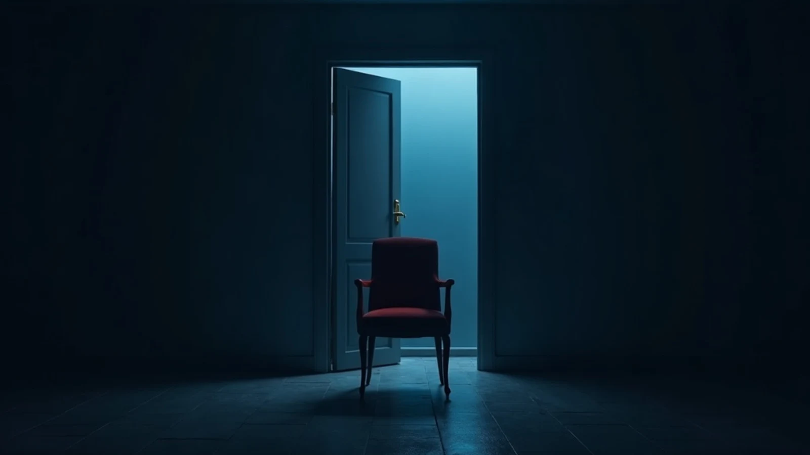 An empty chair before a door left ajar, cold light beyond it in an otherwise dark room