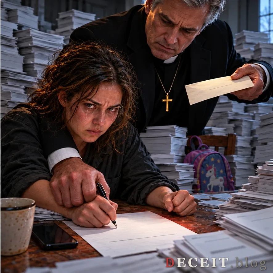 The fictional clergyman scowls over the woman, presses her writing wrist toward a blank agreement, and holds the envelope out of reach amid towering paperwork.