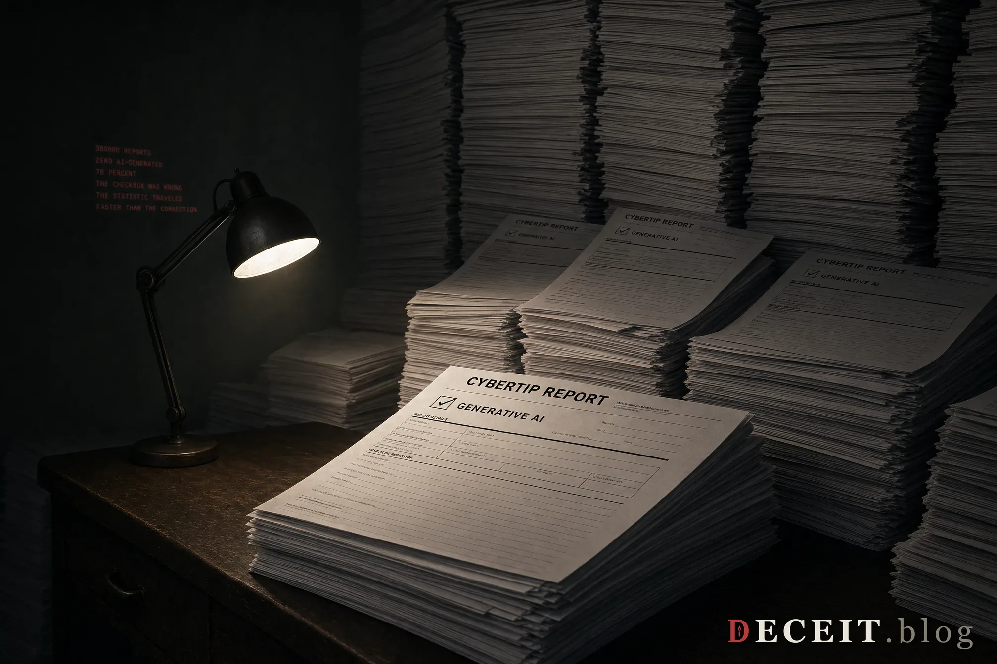 A massive government form titled CYBERTIP REPORT with a single checkbox labeled GENERATIVE AI, buried under thousands of identical forms stacked into darkness. Small red text on the wall: 380000 REPORTS, ZERO AI-GENERATED, 78 PERCENT, THE CHECKBOX WAS WRONG.