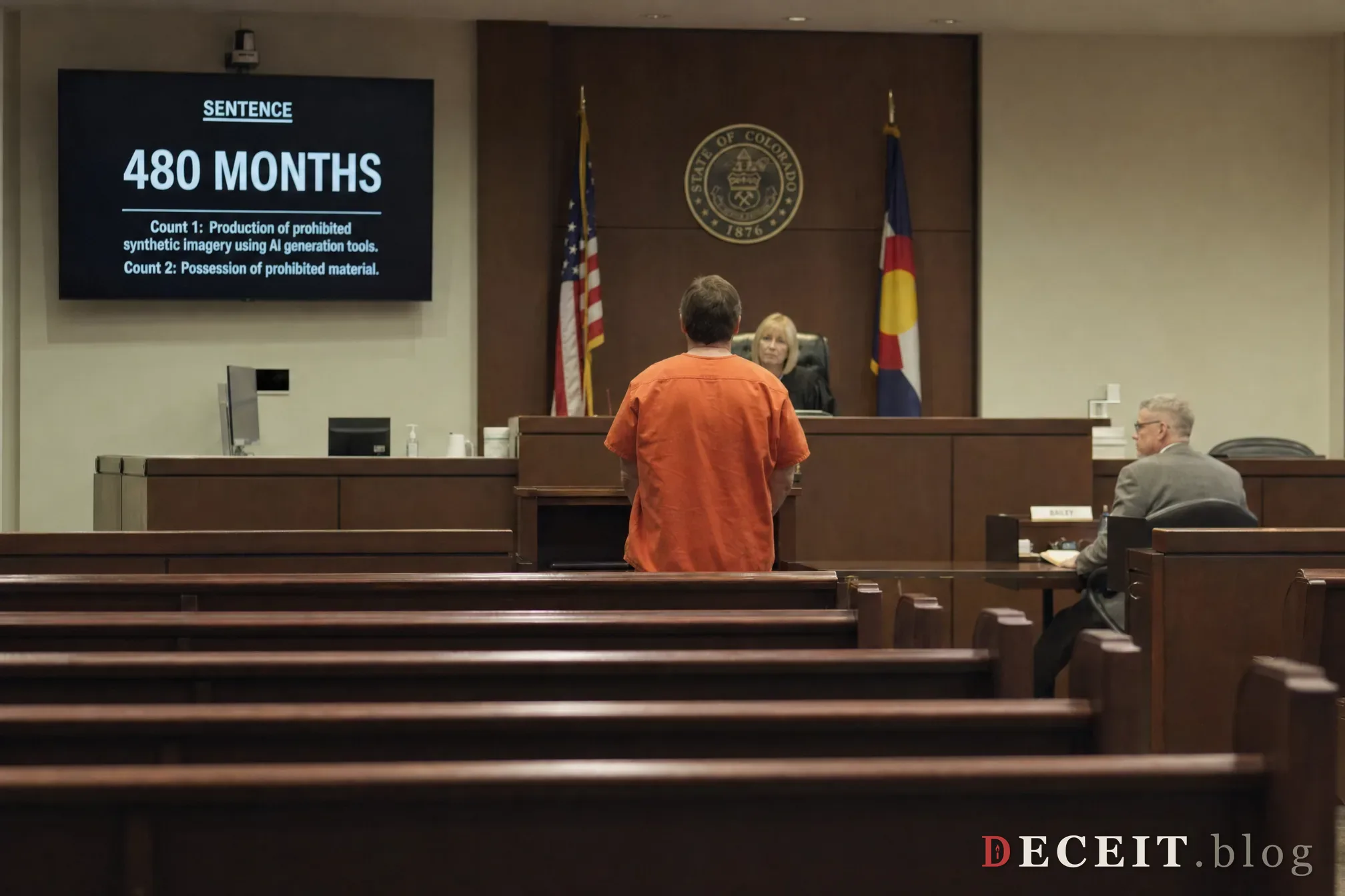 A courtroom sentencing. View from the gallery. A defendant stands at a podium, back to camera, facing a judge. An ordinary-looking man in an orange jumpsuit, middle-aged, unremarkable. On a screen beside the judge: 480 months. Count 1: Production of prohibited synthetic imagery using AI generation tools. Count 2: Possession of prohibited material. The man is ordinary. The sentence is 40 years. The courtroom is half empty. The victims were not in the courtroom. The victims were in the photos that were in the algorithm that was in the case that was in the courtroom.