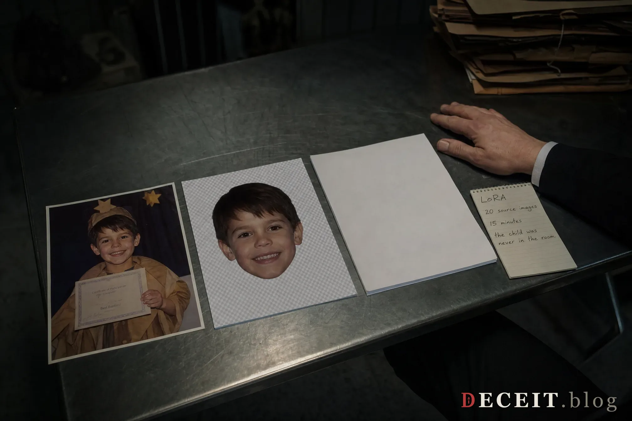 A dark evidence room. On a metal table, three images in sequence: a normal school photo of a child, the same face extracted as a flat data texture, and a third image turned face-down. A detective’s notepad reads: LoRA, 20 source images, 15 minutes, the child was never in the room.