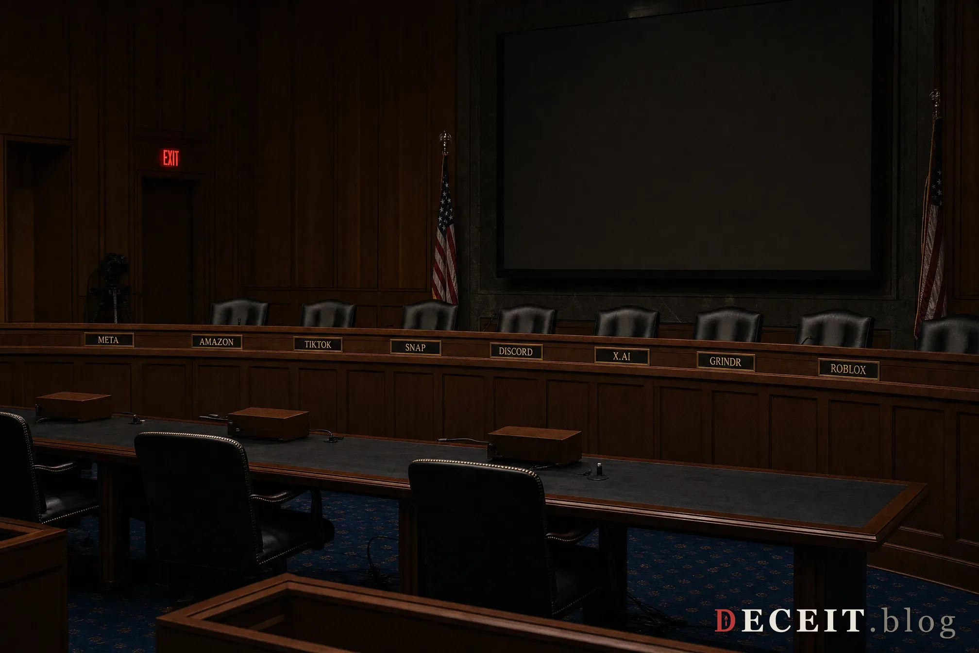 An empty Senate Judiciary Committee hearing room at night. Eight brass name plates on the dais: META, AMAZON, TIKTOK, SNAP, DISCORD, X.AI, GRINDR, ROBLOX. The witness table is empty. A single red emergency exit sign glows above the door. The hearing happened. The companies sent lawyers. The lawyers promised improvements. The room is empty now.