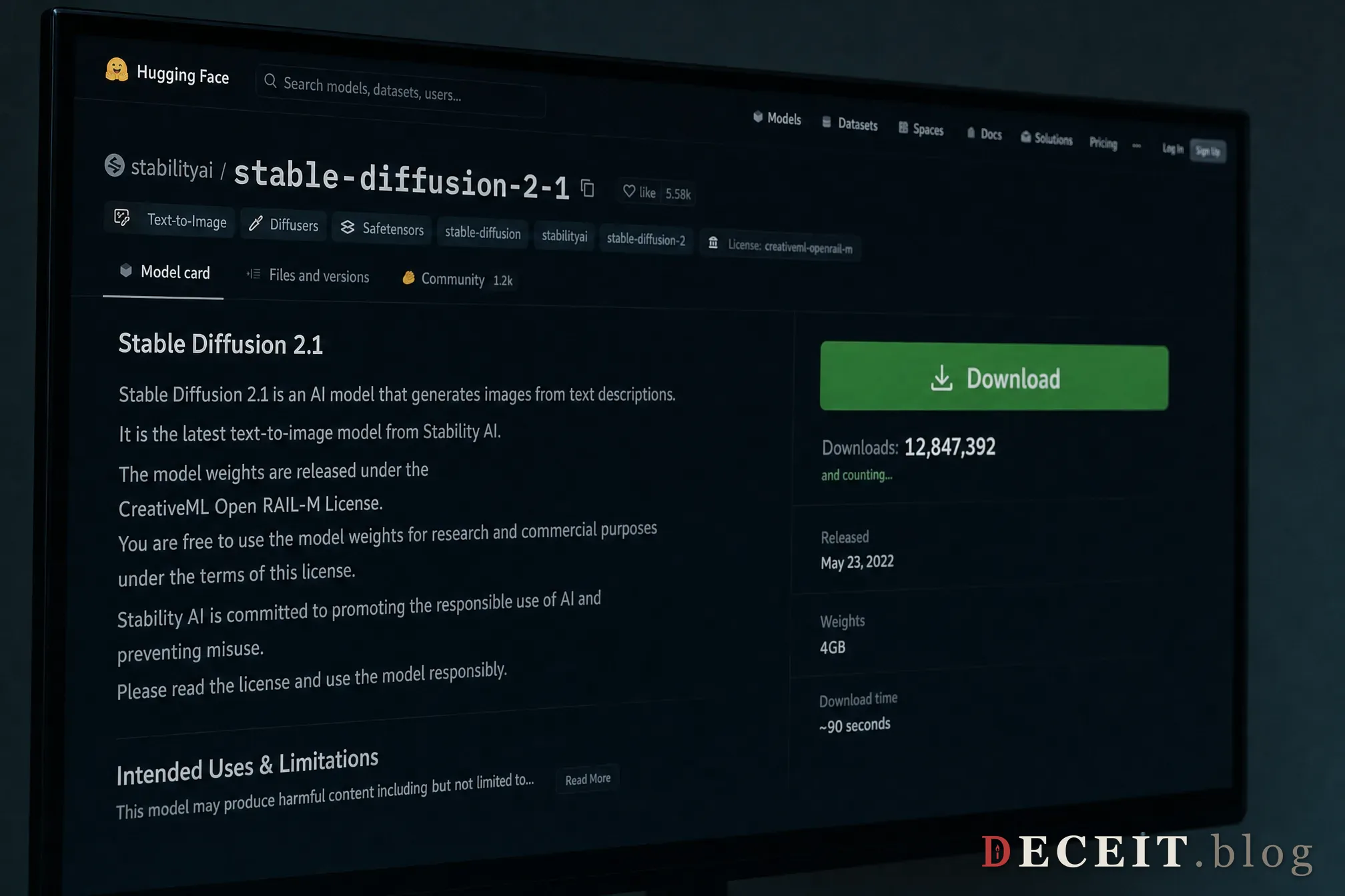 A HuggingFace model repository page on a monitor. The model: stable-diffusion-2-1. A large green Download button. Below it: Downloads: 12,847,392. The counter is still going up. At the bottom, in small gray text: This model may produce harmful content including but not limited to… The text is cut off. You have to click Read More. No one clicks Read More. The download counter is at 12 million. The safety warning is below the fold. The weights are 4GB. The download takes 90 seconds. The counter is still going up.