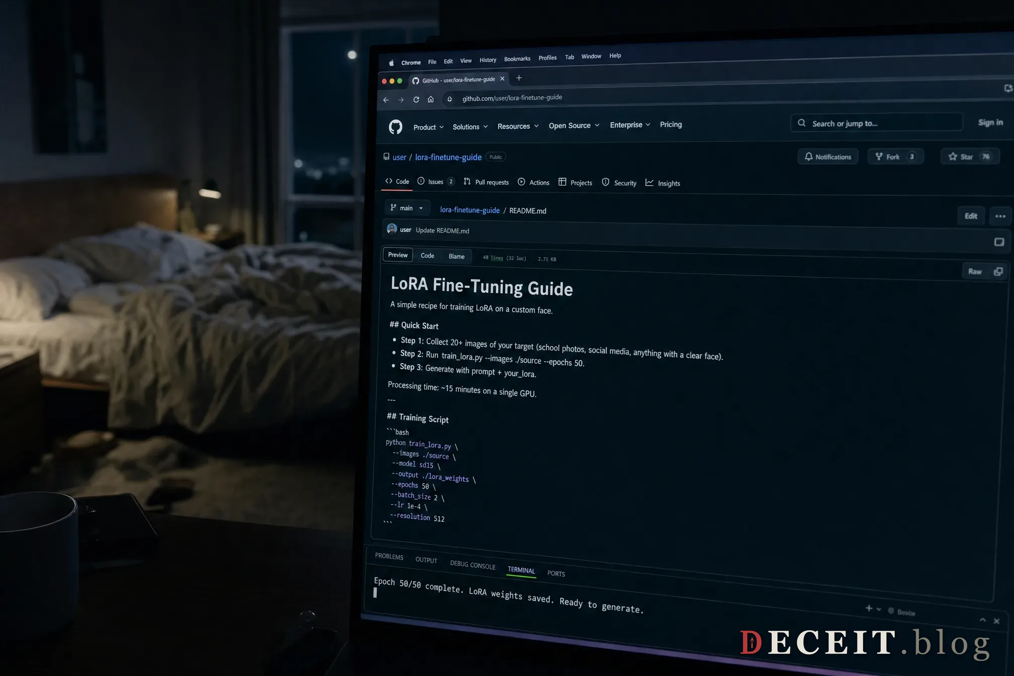 A GitHub repository README for a LoRA fine-tuning guide, displayed on a screen in a dark bedroom at 2 AM. The guide is written in casual tutorial tone: Step 1: Collect 20+ images of your target (school photos, social media, anything with a clear face). Step 2: Run train_lora.py. Step 3: Generate. Processing time: ~15 minutes on a single GPU. The terminal shows: Epoch 50/50 complete. LoRA weights saved. Ready to generate. The guide is written like a recipe. The horror is the casualness.