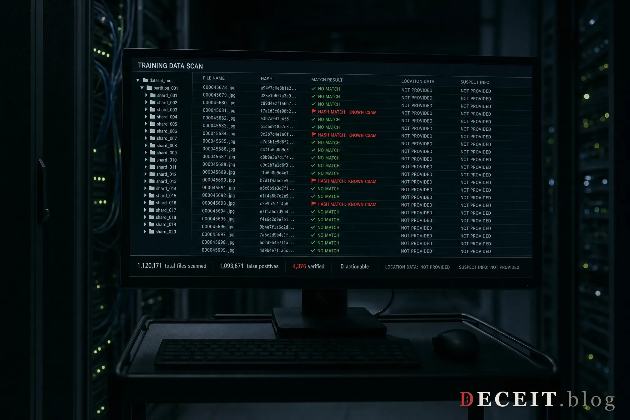 A dark server room. A monitor shows a training data scan: 1,120,171 files scanned, 4,376 marked with red HASH MATCH: KNOWN CSAM flags. The location data column reads NOT PROVIDED. The suspect info column reads NOT PROVIDED. The scan found real abuse in the training data. It could not tell anyone where it came from.