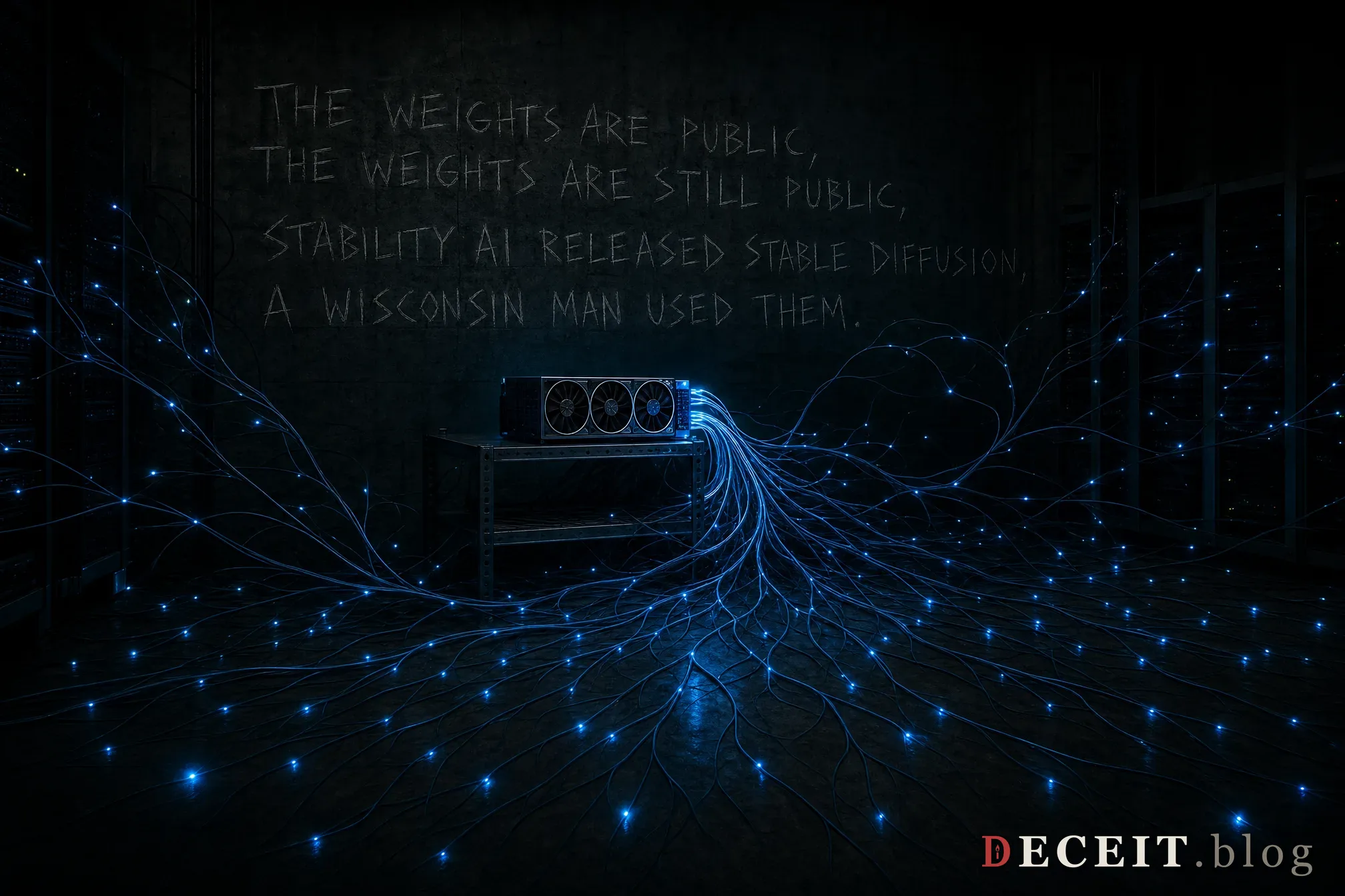 A dark server room with a single GPU glowing blue. Fiber optic cables spread outward like roots, thousands of blue points of light multiplying into darkness. On the concrete wall, scratched in white graffiti: THE WEIGHTS ARE PUBLIC, THE WEIGHTS ARE STILL PUBLIC, STABILITY AI RELEASED STABLE DIFFUSION, A WISCONSIN MAN USED THEM. The roots are spreading. The GPU is the seed.
