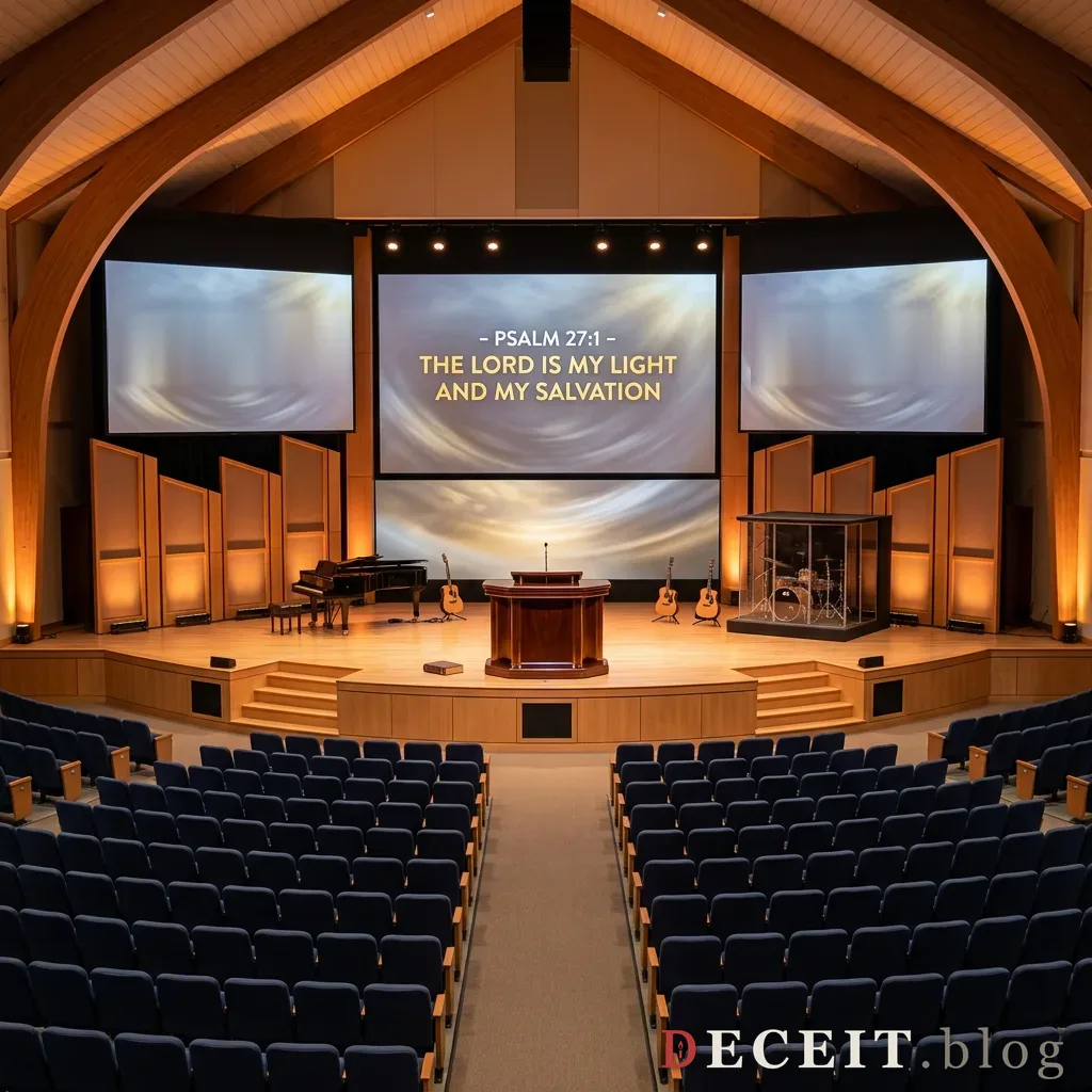 A grand megachurch stage bathed in warm golden light, polished and welcoming.
