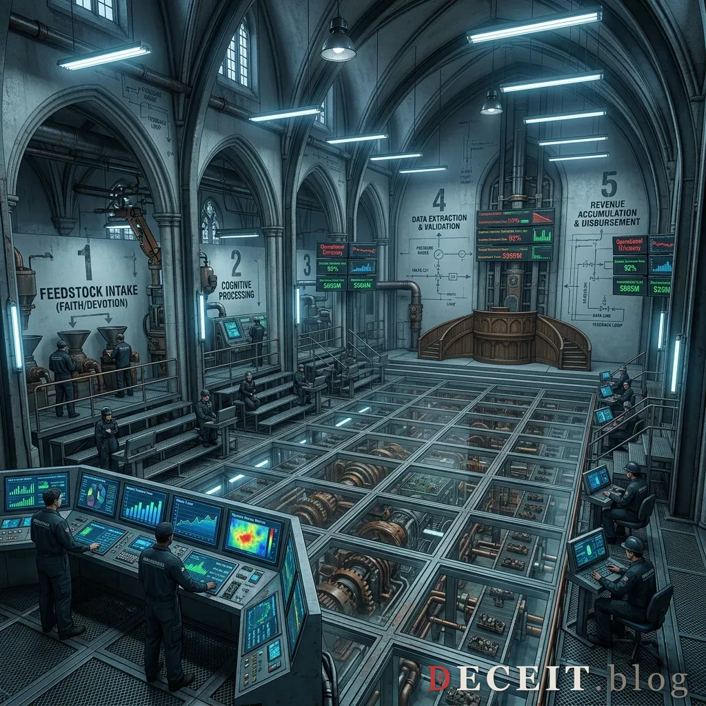 The same structure revealed as an industrial extraction machine: gears, pipes, and financial dashboards beneath the pulpit.
