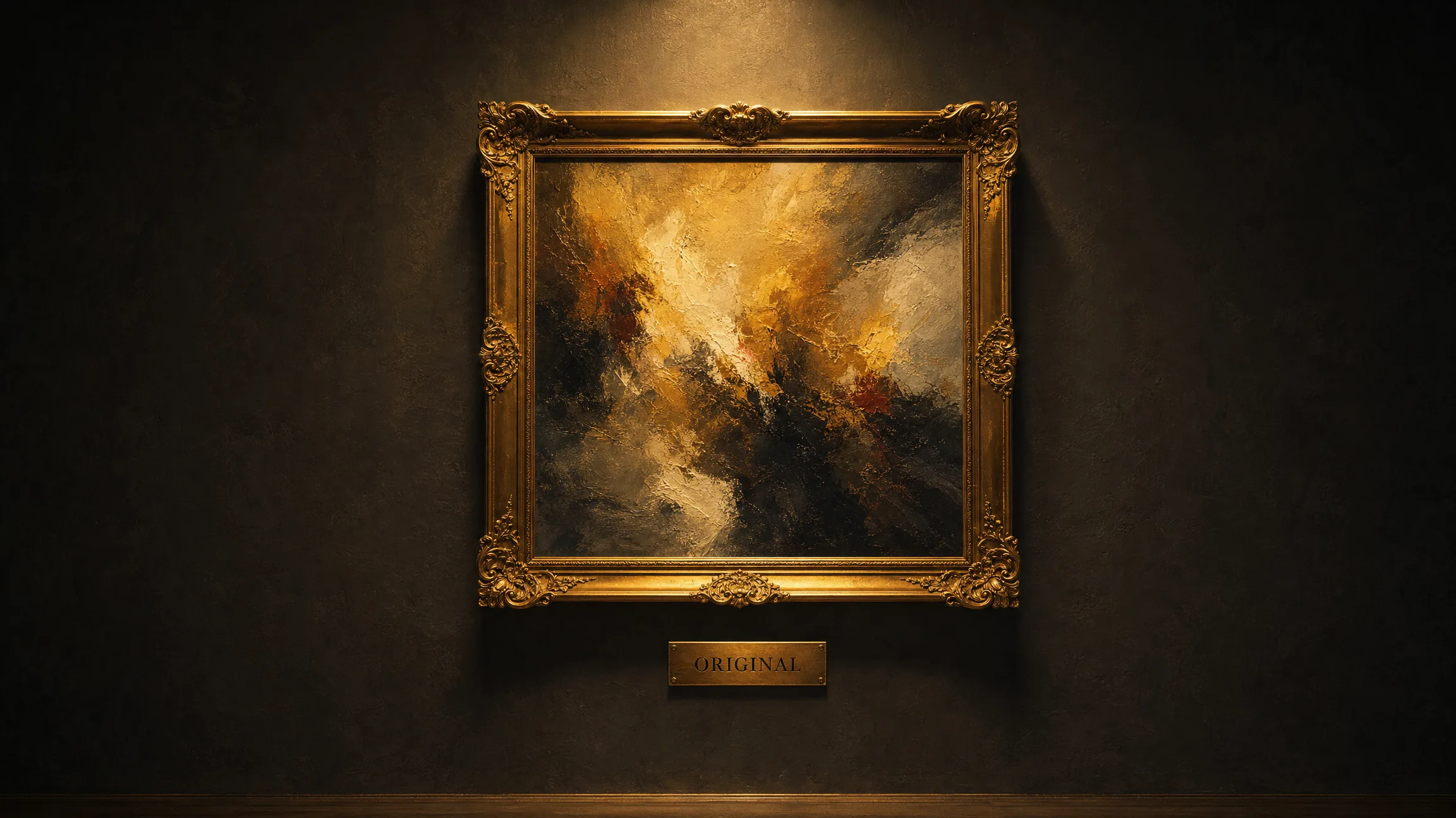 Painted gallery wall: a single ornately framed painting, softly spotlit in warm gold light, a small brass placard beneath it reading ORIGINAL.