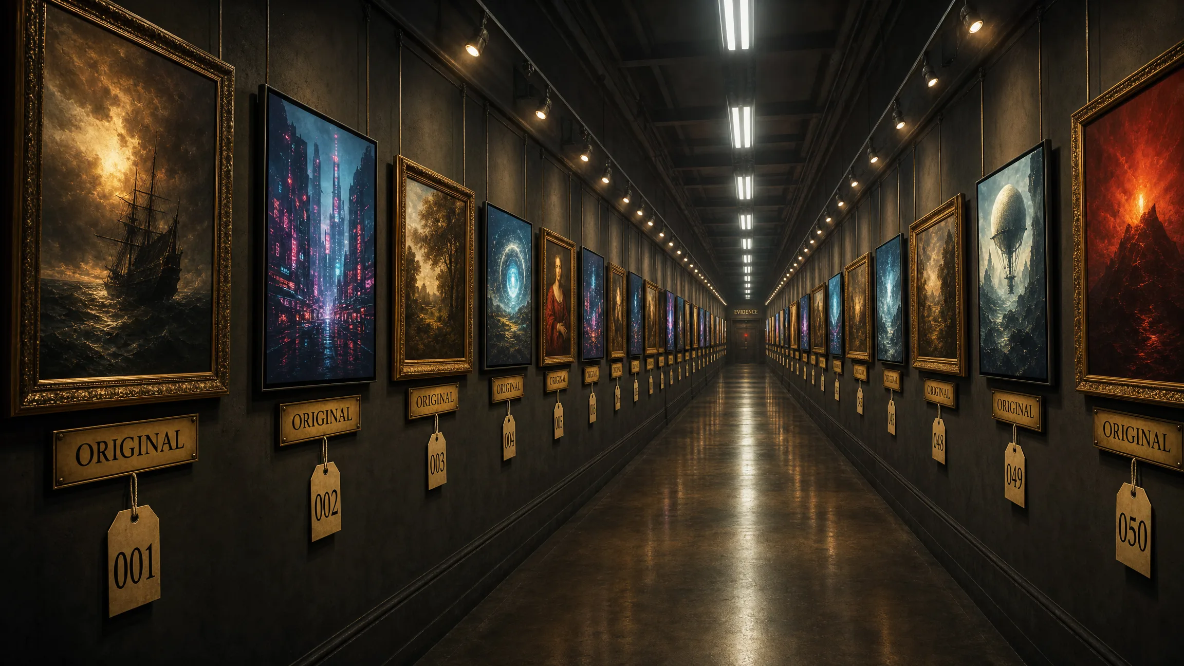 The same gallery wall revealed as a long evidence corridor receding toward a door marked EVIDENCE: oil paintings alternating with glowing AI-generated digital prints, every single frame carrying an identical brass placard reading ORIGINAL and a numbered exhibit tag climbing past fifty.