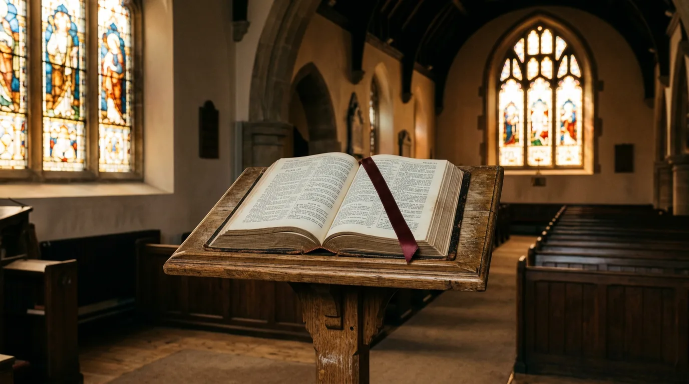 Open Bible on a church lectern in stained-glass light