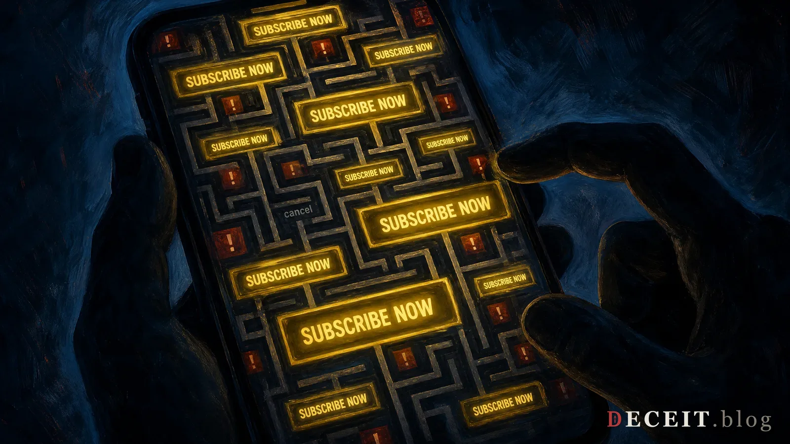 The same shopping app revealed as a dark maze labyrinth. Trap doors, dead ends, red warning markers, and the cheerful buttons shown as cage bars and lock icons.