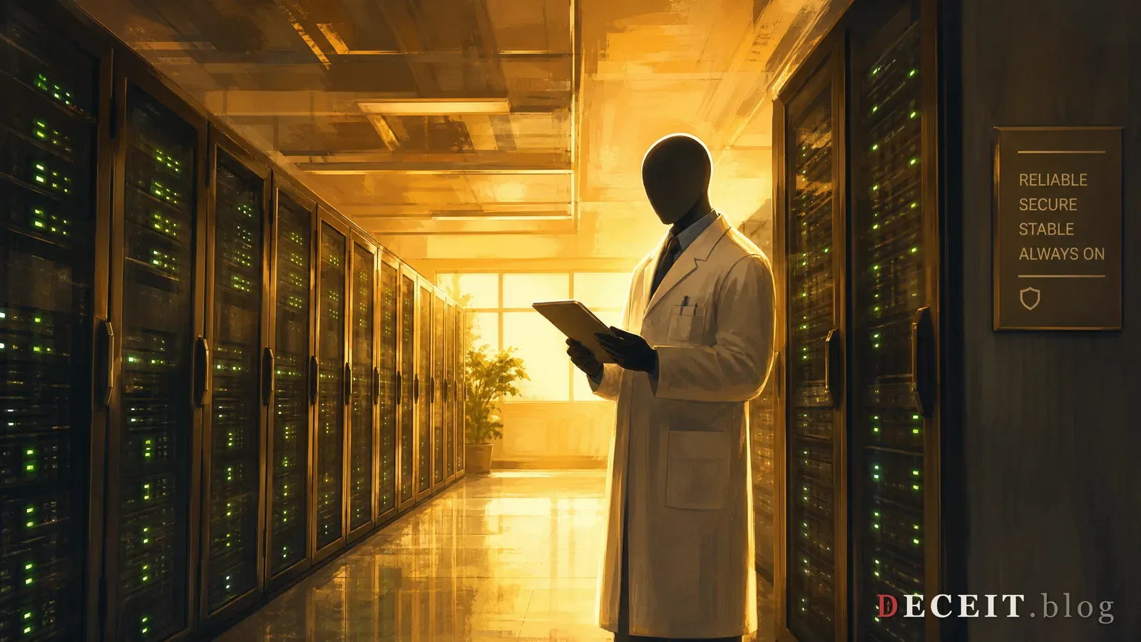 A warm, friendly AI assistant glowing with soft golden light, a helpful chat bubble, serene blue gradient. The trustworthy corporate AI facade.