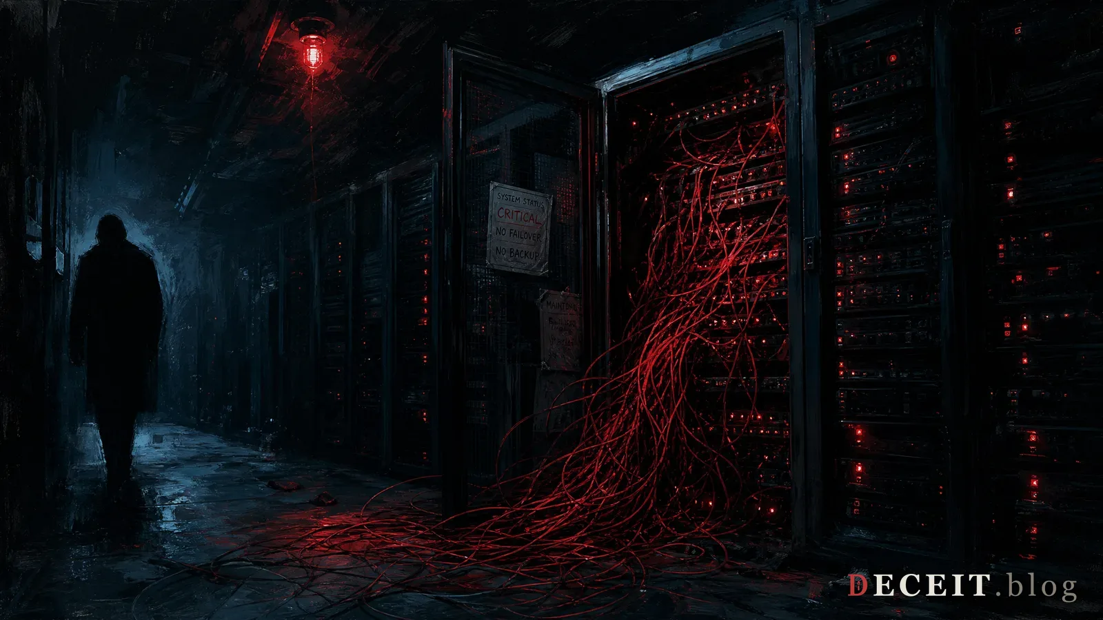 The same AI assistant revealed as a surveillance apparatus. Dark background, red targeting markers, data extraction tubes, a mechanical eye watching where a friendly orb was.