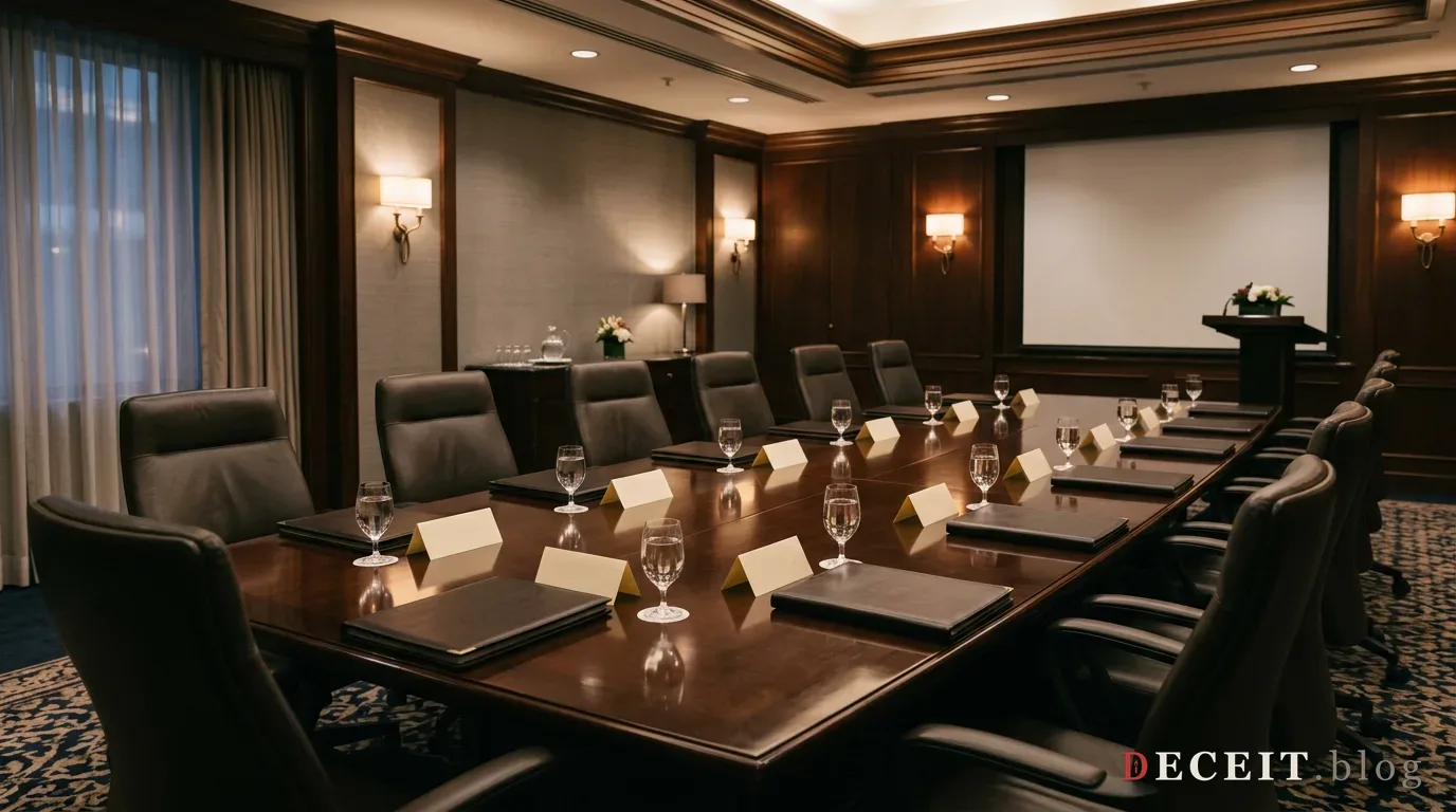 A dimly lit private conference room, the kind of unremarkable luxury where the Dialog retreats were held.