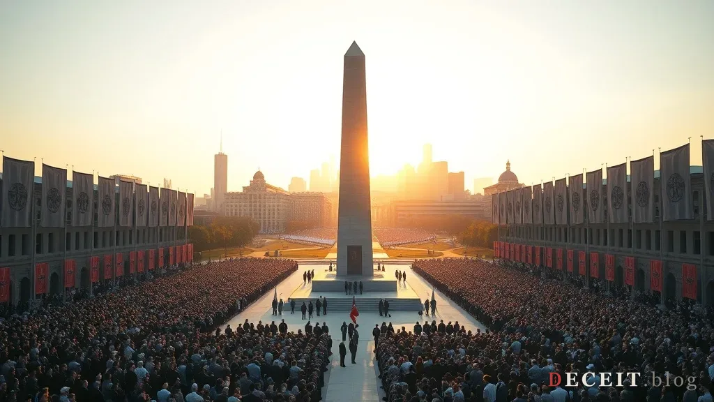 A massed crowd at a victory rally before a monument obelisk at sunset, flags raised.